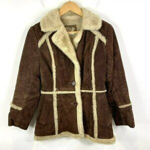 VTG 70s Sears Suede Leather Faux Shearling Coat Jacket Brown Hipster Boho Small